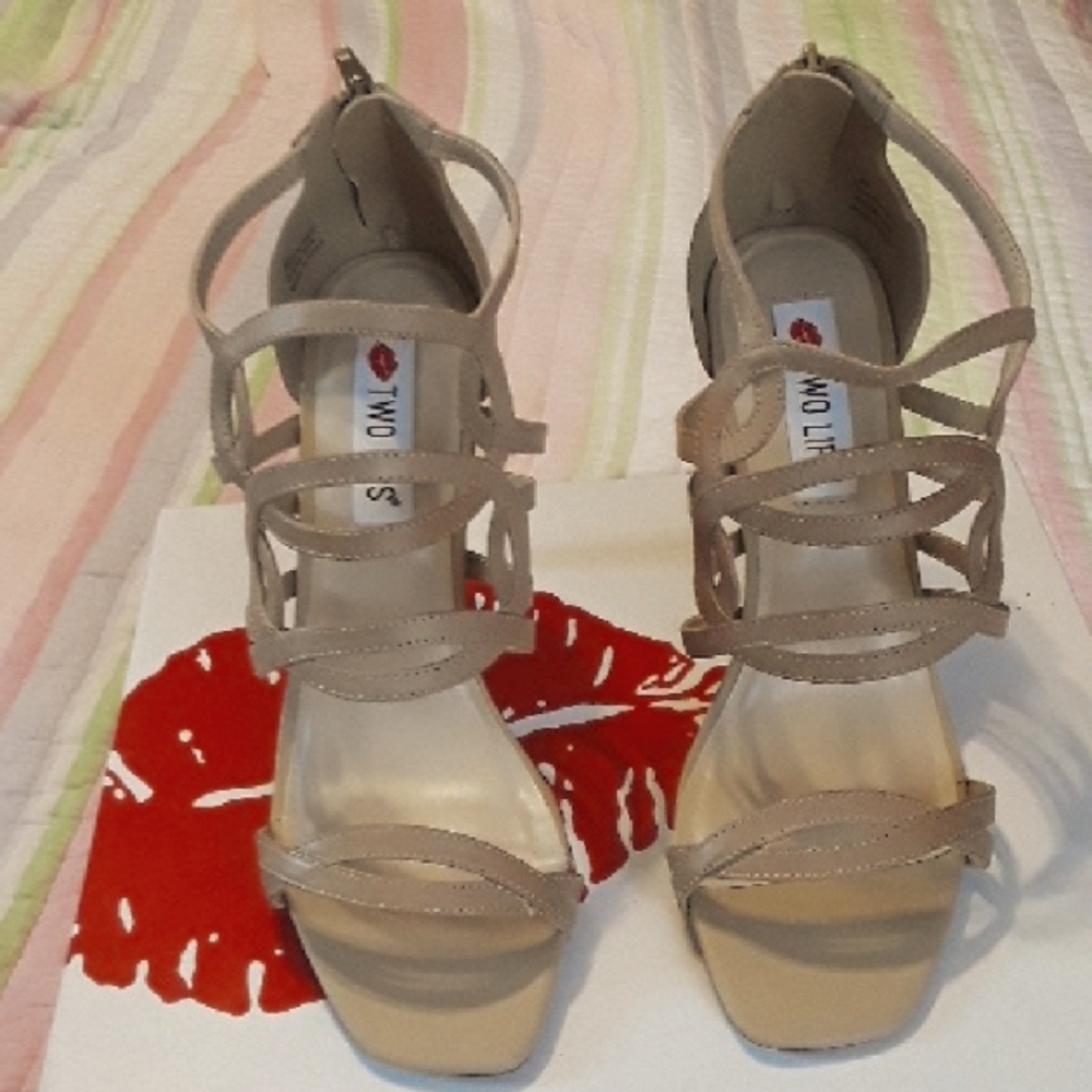 Two Lips Tan Strappy Caged Heels with Elegant Design